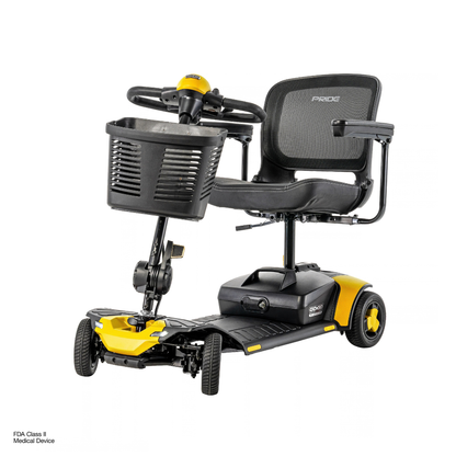 A black and yellow four-wheeled Pride Go Go® Elite Traveller Gen 3 Platinum Portable Scooter featuring a black mesh seat, armrests, and a front-mounted plastic basket.