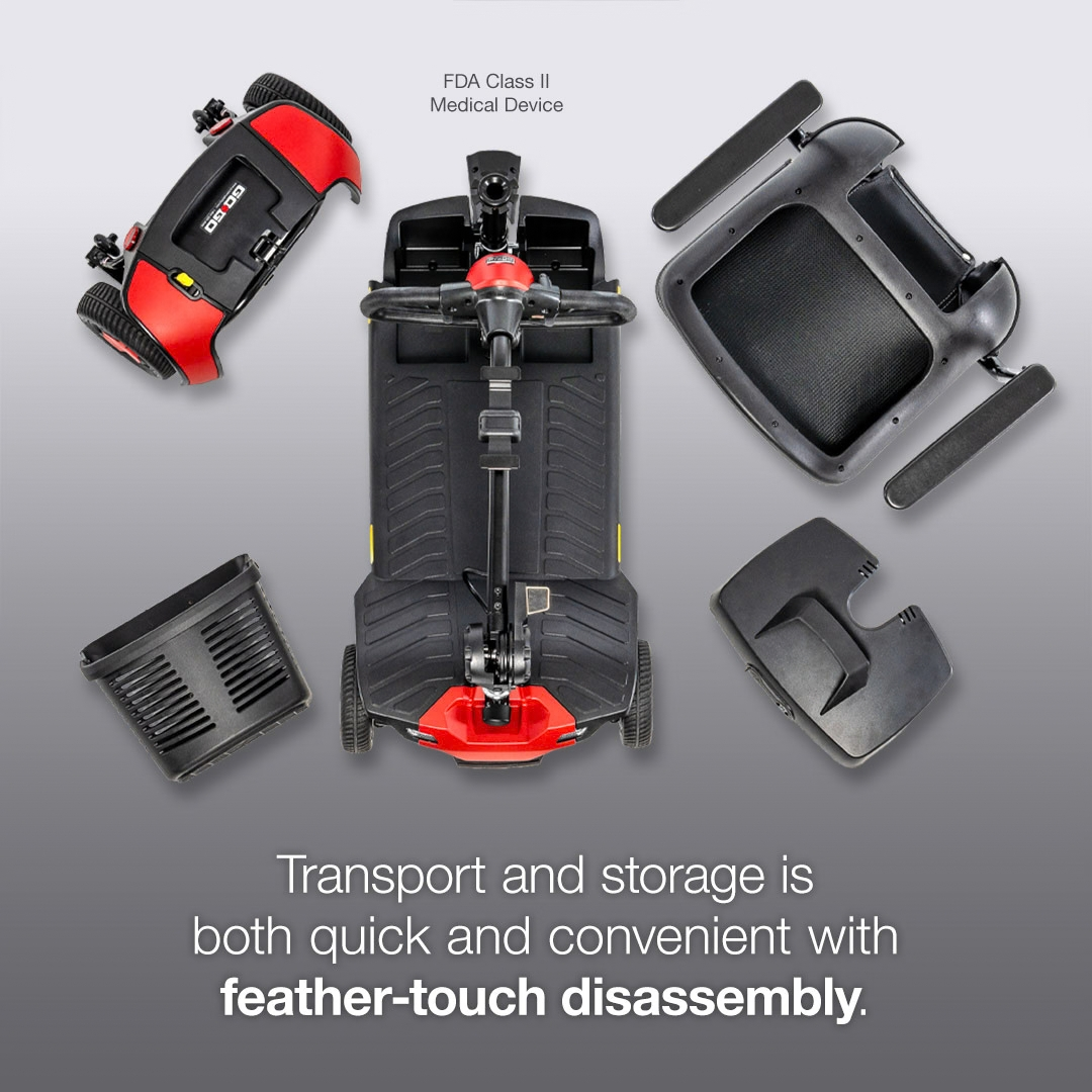The Pride Go-Go® Elite Traveller Gen 3 Platinum portable mobility scooter disassembled into its main base, seat, battery pack, and front basket, with specifications identifying it as an FDA Class II medical device.