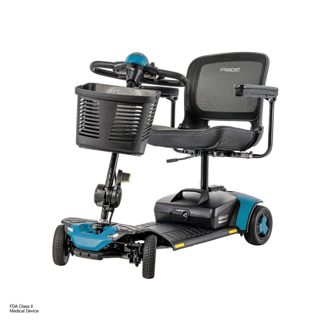 Pride Go Go® Elite Traveller Gen 3 Platinum Portable Scooter, a four-wheel mobility scooter featuring a mesh seat, front basket, and blue accents.