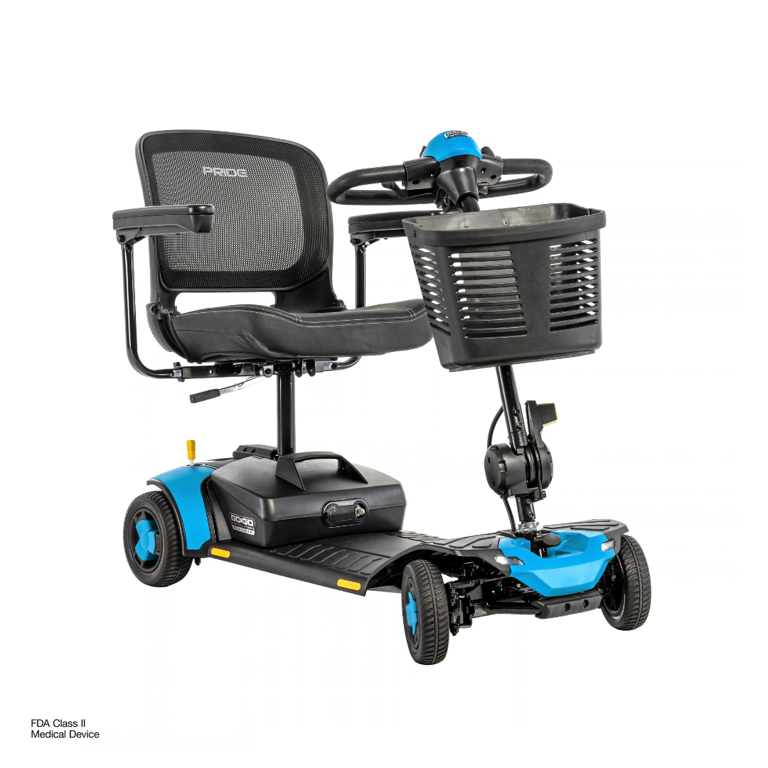 Pride Go Go® Elite Traveller Gen 3 Platinum Portable Scooter: a four-wheeled mobility scooter with a mesh back seat, front-mounted storage basket, and blue accents; view specifications and download product information.