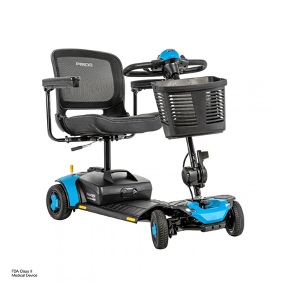 Pride Go Go® Elite Traveller Gen 3 Platinum Portable Scooter: a four-wheeled mobility scooter with a mesh back seat, front-mounted storage basket, and blue accents; view specifications and download product information.