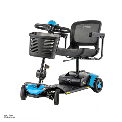 Pride Go Go® Elite Traveller Gen 3 Platinum Portable Scooter, a four-wheeled mobility scooter with a black mesh seat, blue accents, and a front-mounted storage basket.