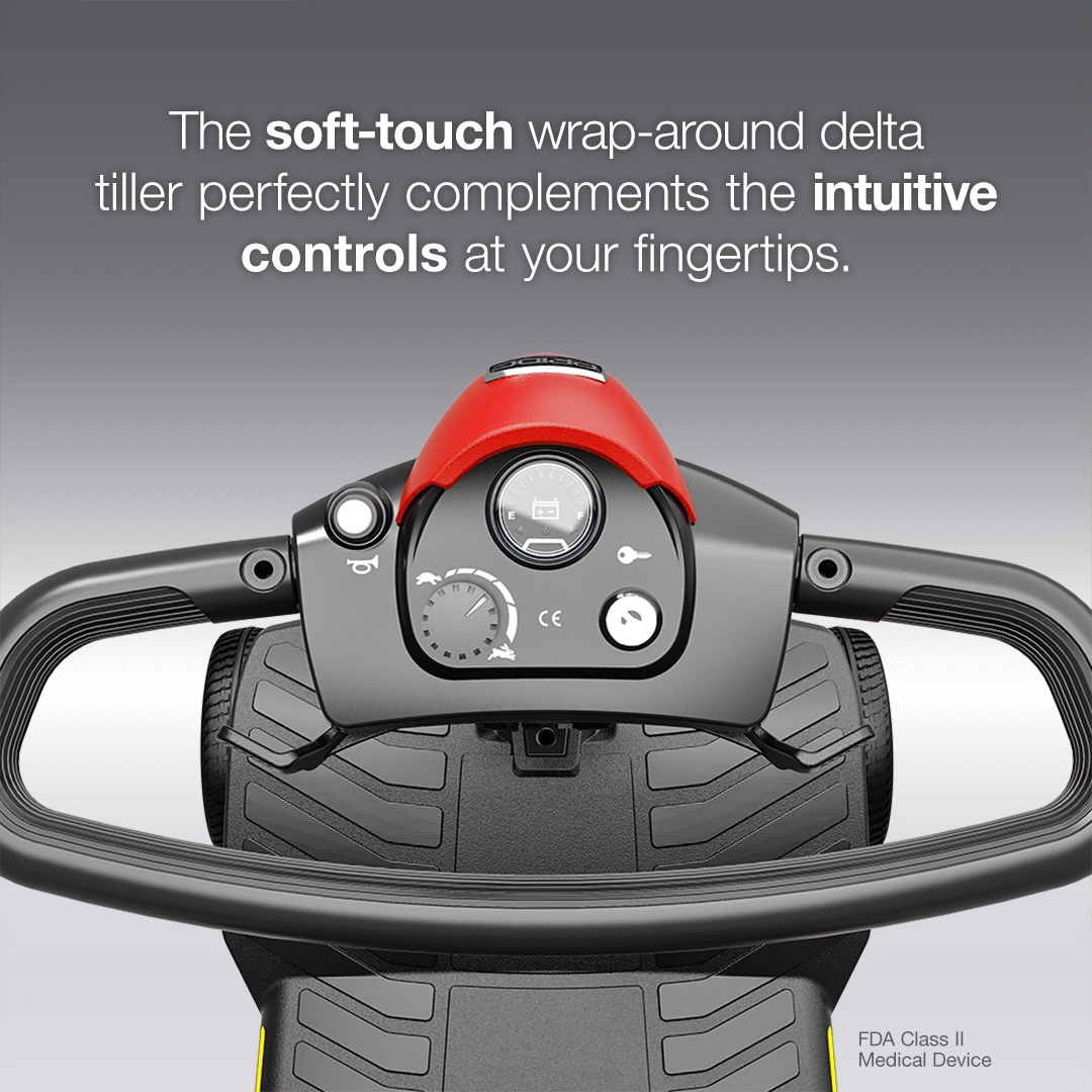 Close-up of the Pride Go Go® Elite Traveller Gen 3 Platinum Portable Scooter’s wrap-around handlebars and control panel, including a battery gauge, speed dial, and horn button.