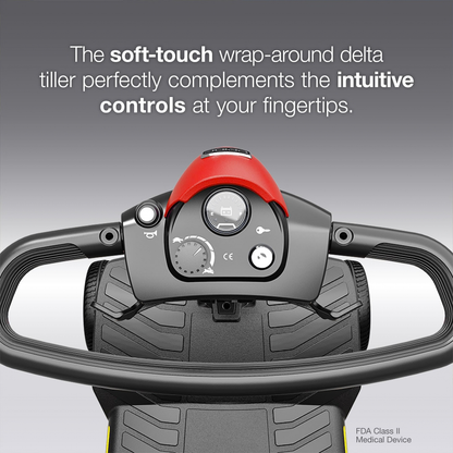 Close-up of the Pride Go Go® Elite Traveller Gen 3 Platinum Portable Scooter’s wrap-around handlebars and control panel, including a battery gauge, speed dial, and horn button.