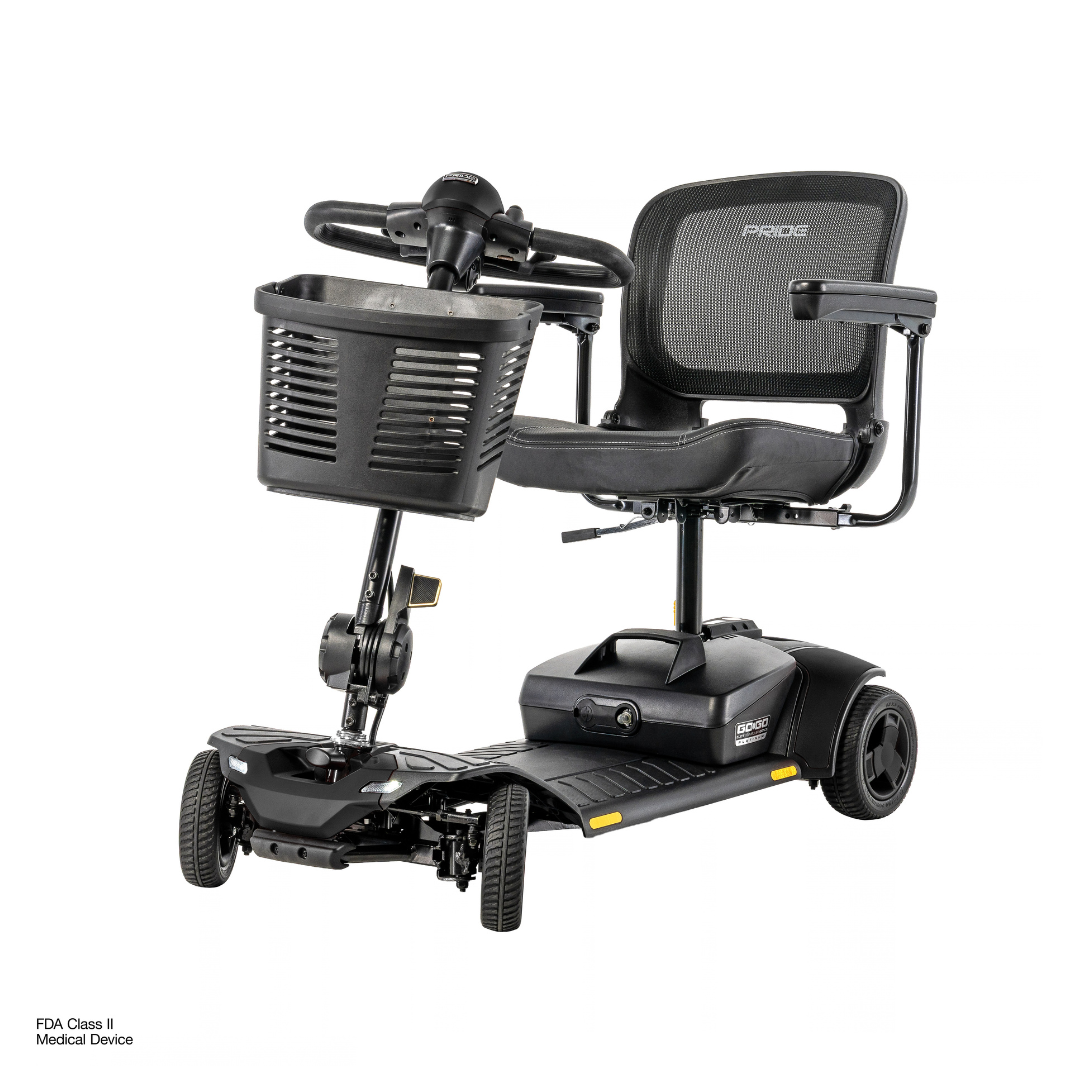 Pride Go Go® Elite Traveller Gen 3 Platinum portable mobility scooter with a mesh backrest, armrests, a front-mounted basket, and accessible specifications.