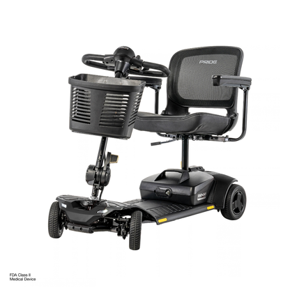 Pride Go Go® Elite Traveller Gen 3 Platinum portable mobility scooter with a mesh backrest, armrests, a front-mounted basket, and accessible specifications.
