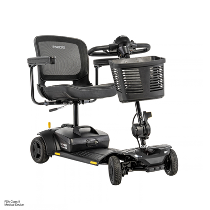 A four-wheeled Pride Go Go® Elite Traveller Gen 3 Platinum Portable Scooter with a black mesh seat, tiller steering, and a front storage basket, shown in product videos.