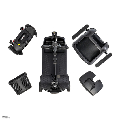 An overhead view of a Pride Go Go® Elite Traveller Gen 3 Platinum Portable Scooter disassembled into five components, including the base, seat, battery pack, basket, and tiller assembly.