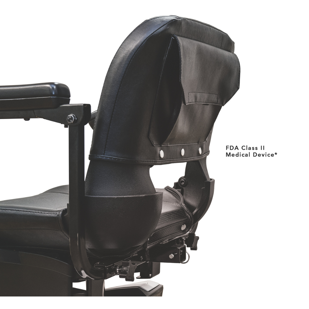 Close-up of a Pride Go Go® Sport 3-Wheel Scooter, featuring adjustable armrests and back support with interchangeable panels. The text reads FDA Class II Medical Device.
