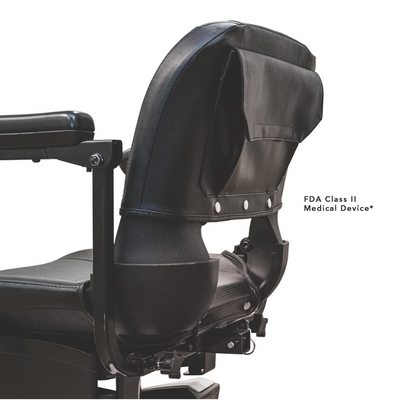 Close-up of a Pride Go Go® Sport 3-Wheel Scooter, featuring adjustable armrests and back support with interchangeable panels. The text reads FDA Class II Medical Device.