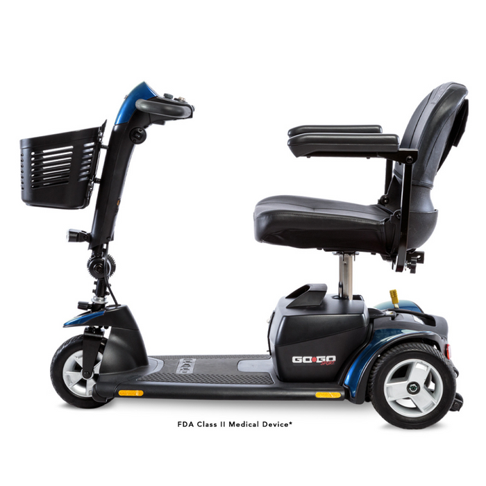 The Pride Go Go® Sport 3-Wheel Scooter, shown in blue and black, is an FDA Class II Medical Device ideal for lightweight transport. It includes a comfy seat with armrests, a front basket, and customizable handlebars for easy steering.