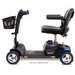 The Pride Go Go® Sport 4-Wheel Scooter features a sleek design with four wheels, a cushioned black seat, armrests, and a front basket. It offers feather-touch disassembly for convenience. FDA Class II Medical Device is displayed against a white background.