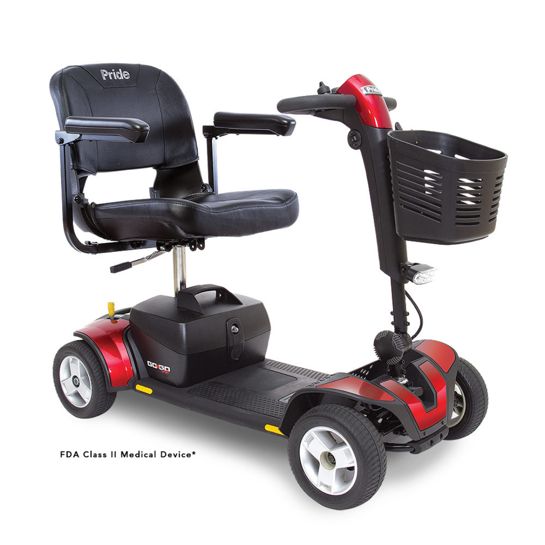 The Pride Go Go® Sport 4-Wheel Scooter is a red mobility scooter with a black seat and backrest. It features four wheels, armrests, handlebars, and a front basket. Its feather-touch disassembly ensures easy transport. Its labeled as an FDA Class II Medical Device.