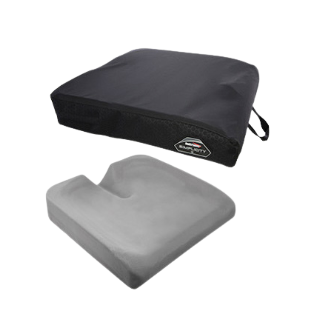 A rectangular black seat cushion cover with handle and brand label is displayed above a gray, contoured foam seat cushion—perfect for your Accessories For The Jazzy® Carbon 27X Powerchair or other lightweight powerchair accessories.