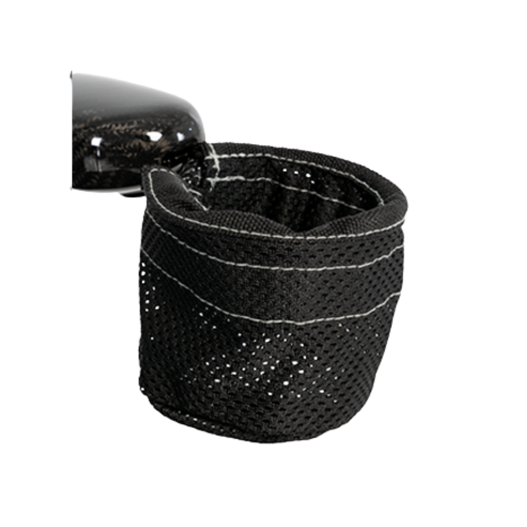 A black mesh cup holder attaches to surfaces, shown on white—a lightweight accessory, perfect for owners of Accessories For The Jazzy® Carbon 27X Powerchair.