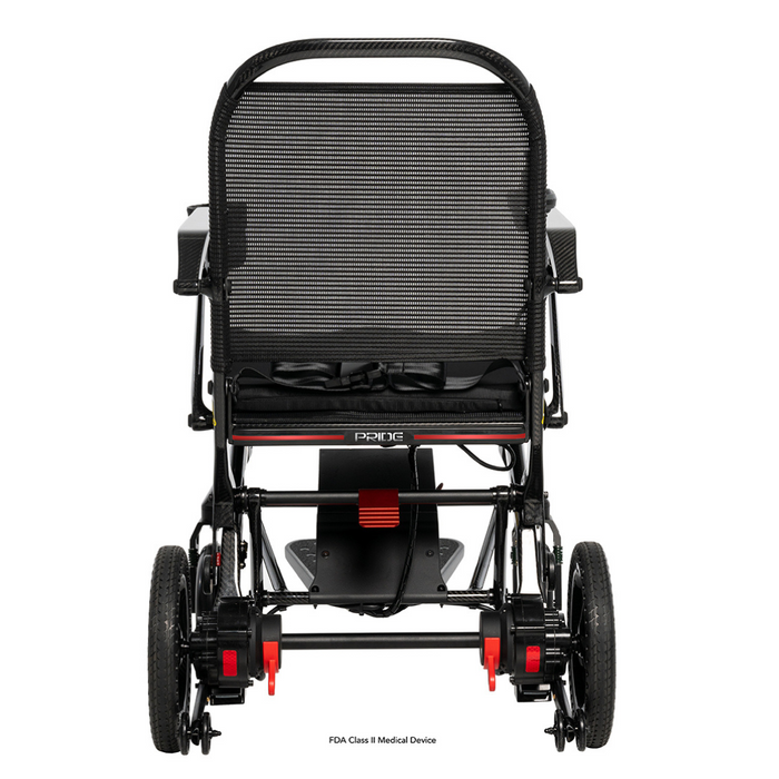 Rear view of the Jazzy® Ultra Light Portable Electric Wheelchair in black and red, showcasing its carbon fiber frame. The image highlights the backrest, handle, and large wheels, emphasizing its practical design with a sturdy yet lightweight construction.