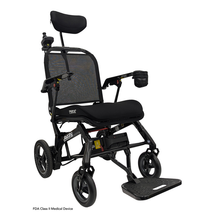 The Pride Mobility Jazzy® Ultra Light Portable Electric Wheelchair boasts a sleek black design with a carbon fiber frame, mesh backrest, padded seat, and armrests. It features a right-arm joystick, small front wheels, larger rear wheels, and a front footrest—ideal for travel.