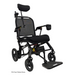 The Pride Mobility Jazzy® Ultra Light Portable Electric Wheelchair boasts a sleek black design with a carbon fiber frame, mesh backrest, padded seat, and armrests. It features a right-arm joystick, small front wheels, larger rear wheels, and a front footrest—ideal for travel.