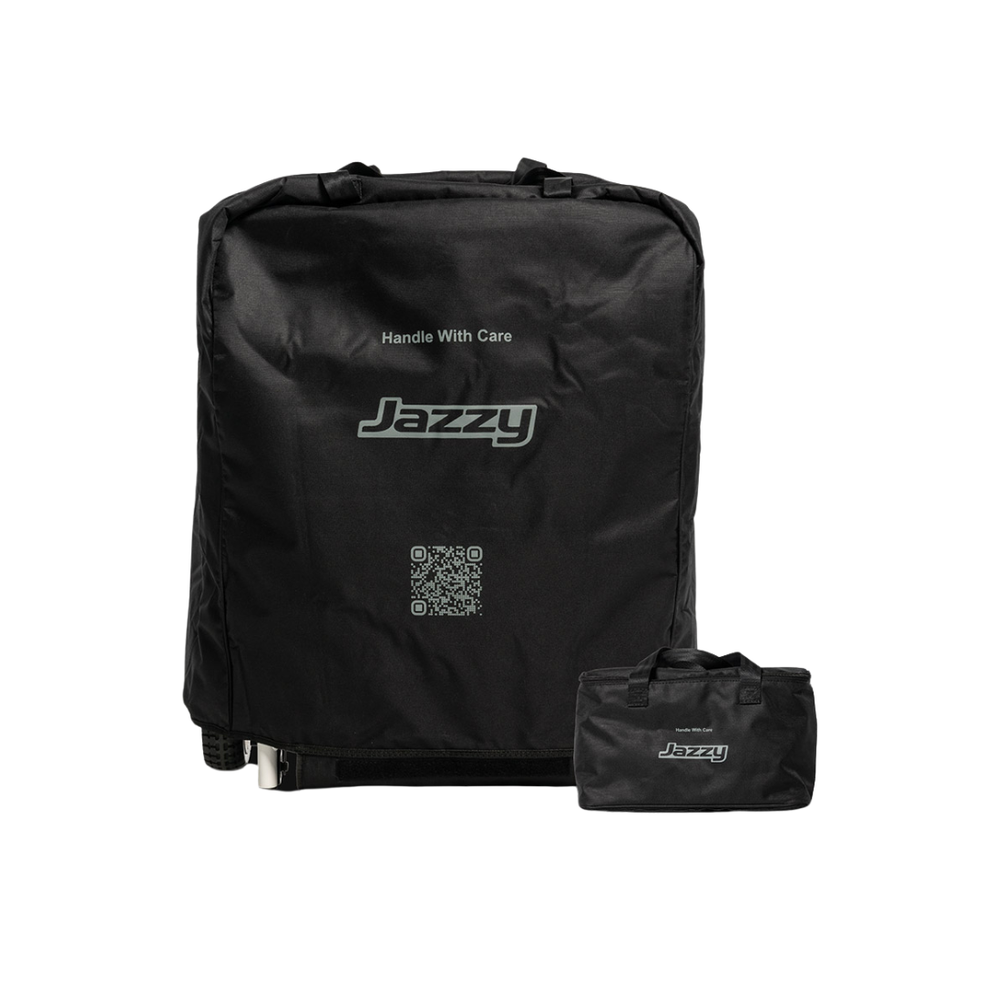 Two black Accessories For The Pride Jazzy® Ultra Light Powerchair carrying cases, one large and one small, are shown on a white background. The larger case features a QR code and “Handle With Care” text, ideal for storing travel batteries.
