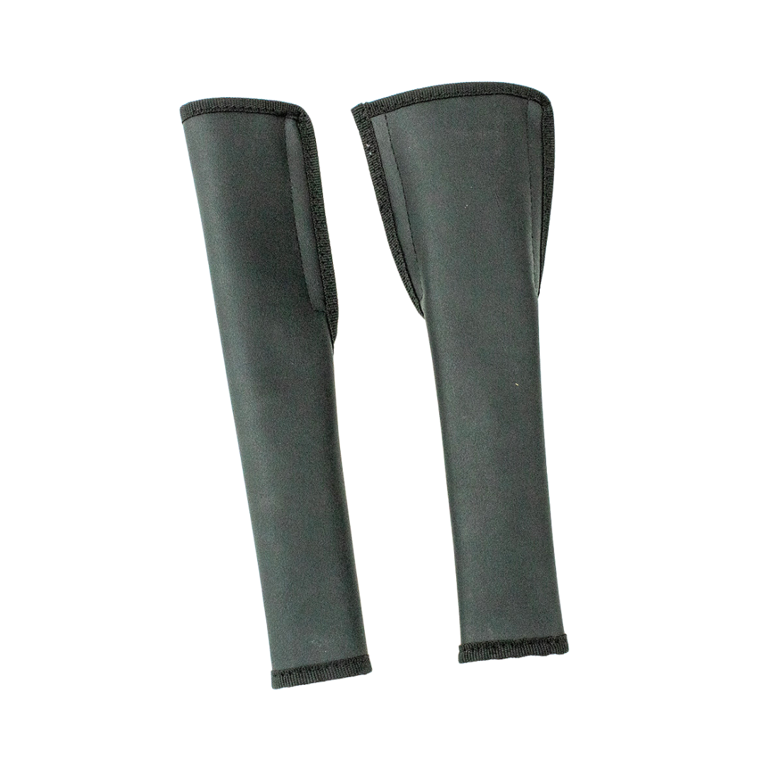 Two black padded fabric sleeves with stitched edges, displayed side by side on a white background—perfect accessories for the Pride Jazzy® Ultra Light Powerchair to boost comfort.