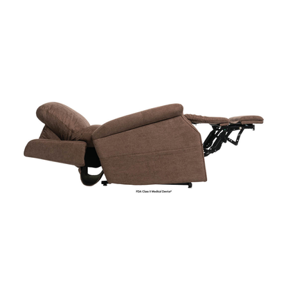 A side view of the Pride VivaLift! Metro 2 Recliner with Lift Assist, fully extended with footrest raised and backrest tilted, displaying its metal reclining mechanism.