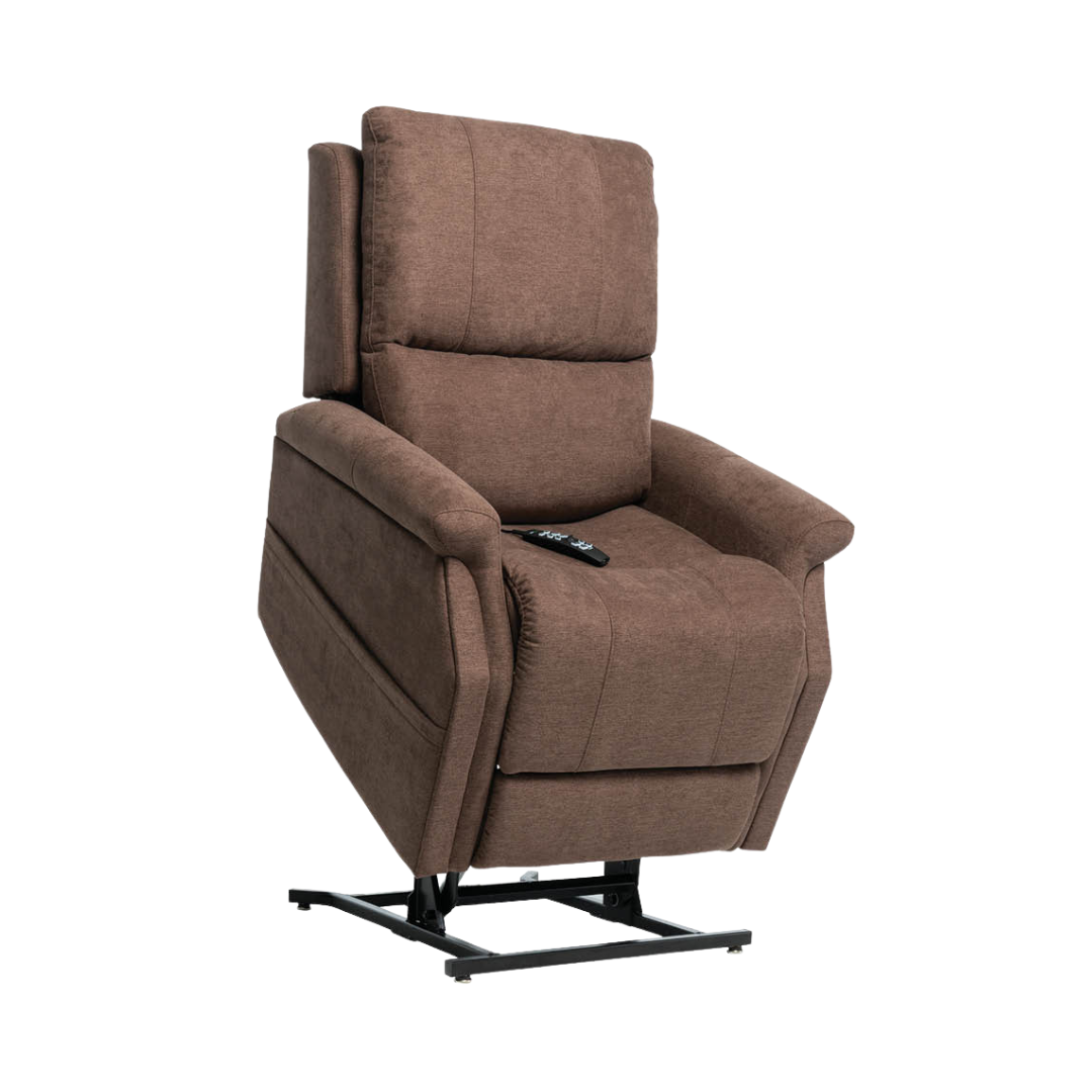 The Pride VivaLift! Metro 2 Recliner with Lift Assist, featuring brown upholstery and a remote control on the seat, is shown partially raised to help with standing against a white background.
