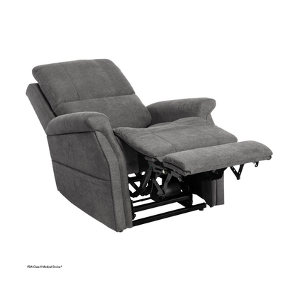 The Pride VivaLift! Metro 2 Recliner with Lift Assist is upholstered in gray fabric, featuring plush cushions and an extended footrest, displayed partially reclined against a white background.