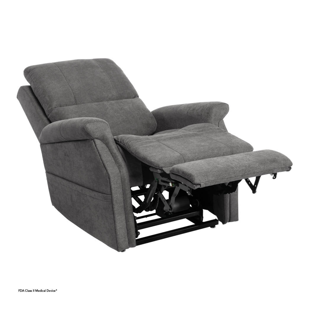 The Pride VivaLift! Metro 2 Recliner with Lift Assist is a gray upholstered chair featuring padded arms and an extended footrest, displayed partially reclined on a white background.