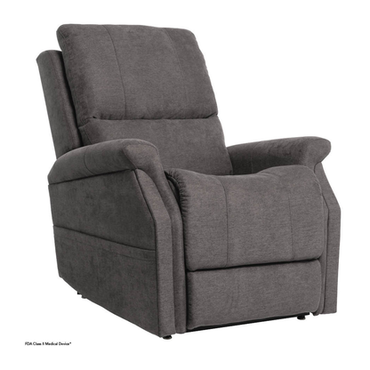 A plush, dark gray Pride VivaLift! Metro 2 Recliner with Lift Assist features soft cushions, wide armrests, and a high backrest, shown against a plain white background.