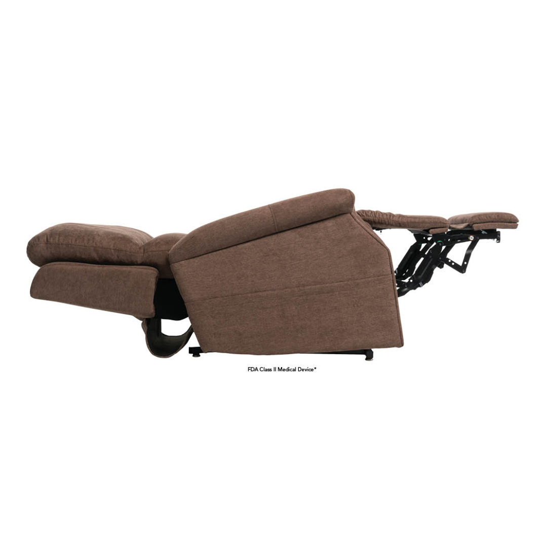 A brown Pride VivaLift! Metro 2 Recliner with Lift Assist shown fully extended, its footrest raised and backrest reclined to create a flat, bed-like position.