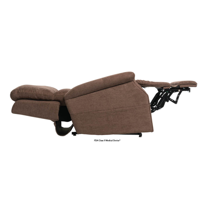 A brown Pride VivaLift! Metro 2 Recliner with Lift Assist shown fully extended, its footrest raised and backrest reclined to create a flat, bed-like position.