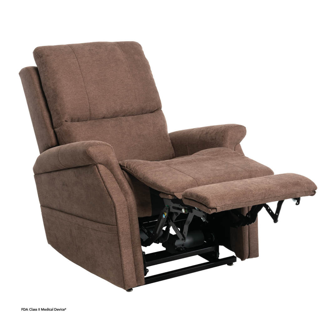 The Pride VivaLift! Metro 2 Recliner with Lift Assist, shown in brown upholstery, features its extended footrest and slightly tilted backrest to display the reclining mechanism against a plain white background.