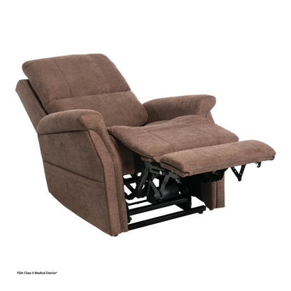 A brown upholstered Pride VivaLift! Metro 2 Recliner with Lift Assist, featuring cushioned armrests and an extended footrest, is shown partially reclined against a white background.