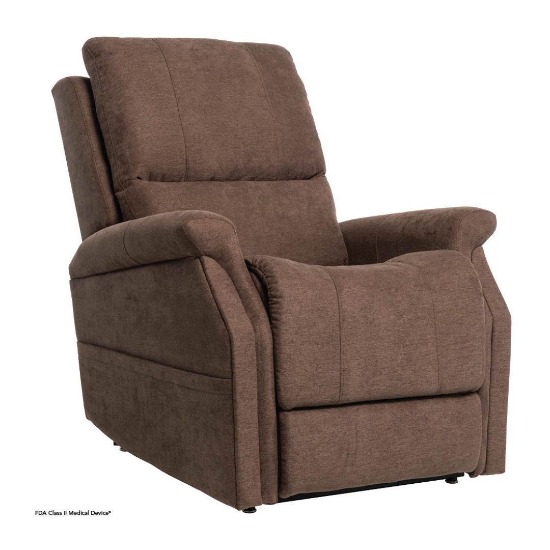 The Pride VivaLift! Metro 2 Recliner with Lift Assist, shown in brown fabric upholstery with plush padding and a high backrest, is pictured from an angled front view against a plain white background.