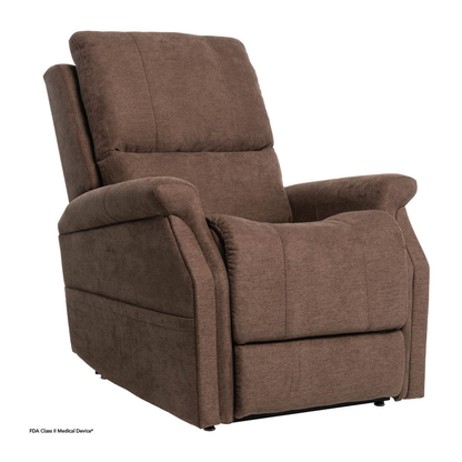 The Pride VivaLift! Metro 2 Recliner with Lift Assist, shown in brown fabric upholstery with plush padding and a high backrest, is pictured from an angled front view against a plain white background.