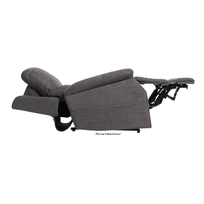 The Pride VivaLift! Metro 2 Recliner with Lift Assist is a gray upholstered chair shown fully reclined, with the footrest extended and backrest tilted back.