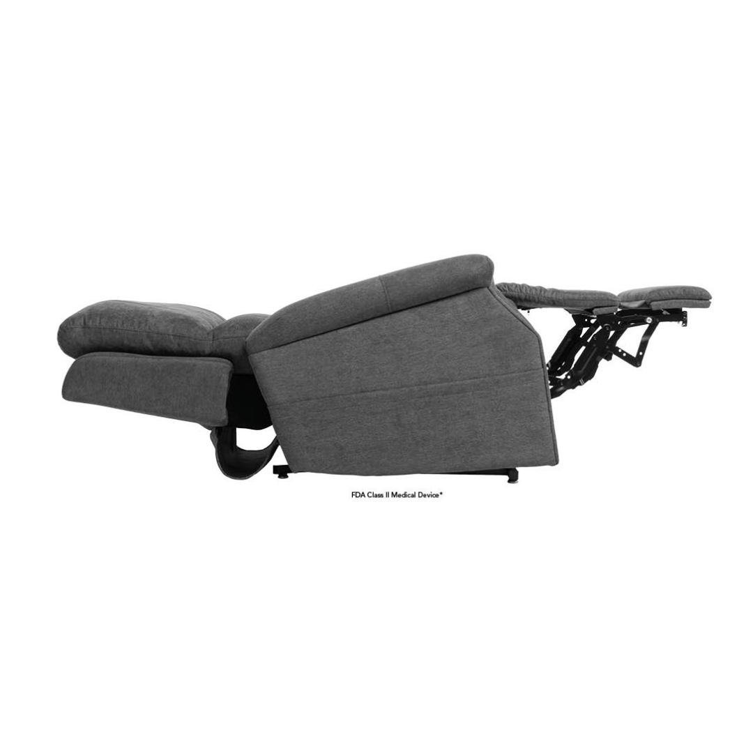 A Pride VivaLift! Metro 2 Recliner with Lift Assist in gray is fully extended, displaying its tilted backrest, raised footrest, and the reclining mechanism underneath.