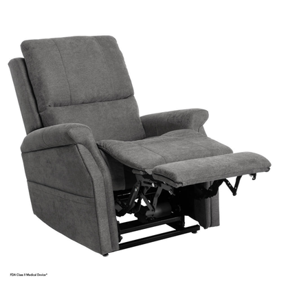 The Pride VivaLift! Metro 2 Recliner with Lift Assist, shown in gray upholstery, features padded armrests and backrest, partially reclined with extended footrest and visible mechanical components underneath.