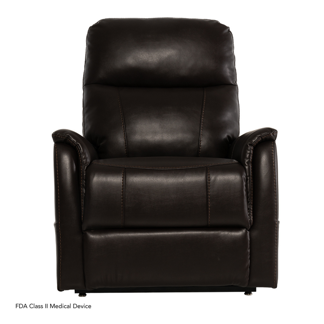 Front-facing view of the Pride Mobility Genesis LC150 Lift Chair Recliner in dark brown leather with padded armrests and backrest on a white background. Bottom left text reads FDA Class II Medical Device; see spec table for details.
