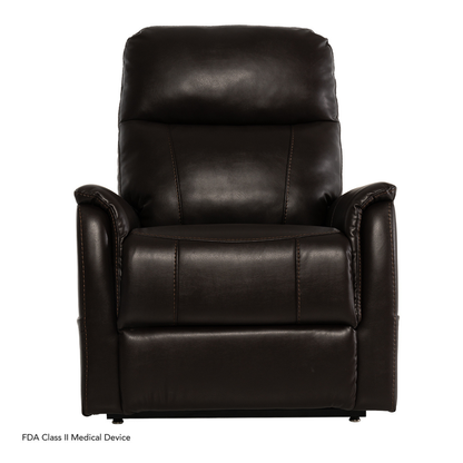 Front-facing view of the Pride Mobility Genesis LC150 Lift Chair Recliner in dark brown leather with padded armrests and backrest on a white background. Bottom left text reads FDA Class II Medical Device; see spec table for details.