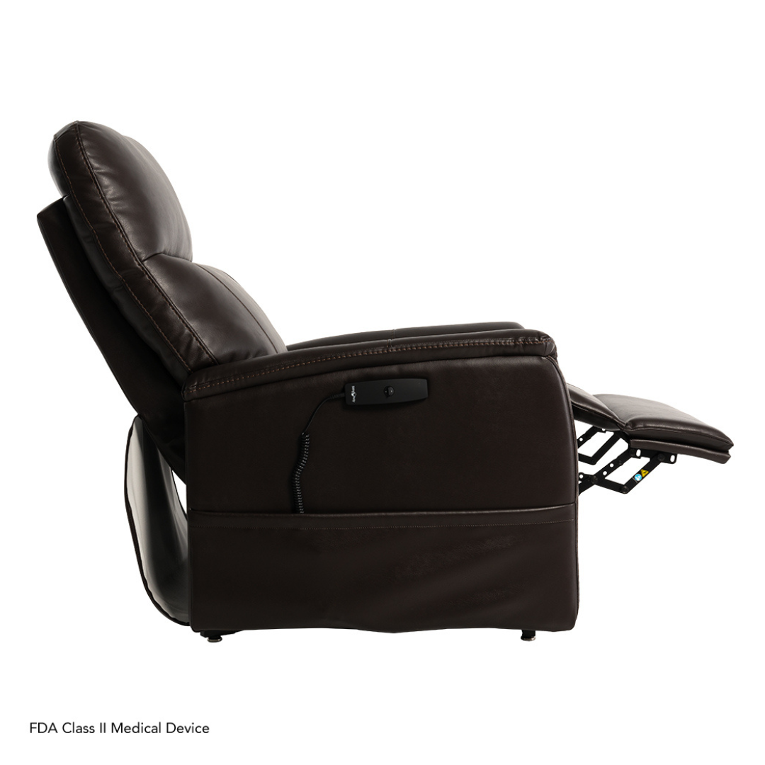 Side view of the Pride Mobility Genesis LC150 Lift Chair Recliner in dark brown leather, shown reclined with extended footrest and remote on the armrest. “FDA Class II Medical Device” and specs appear in the bottom left corner.