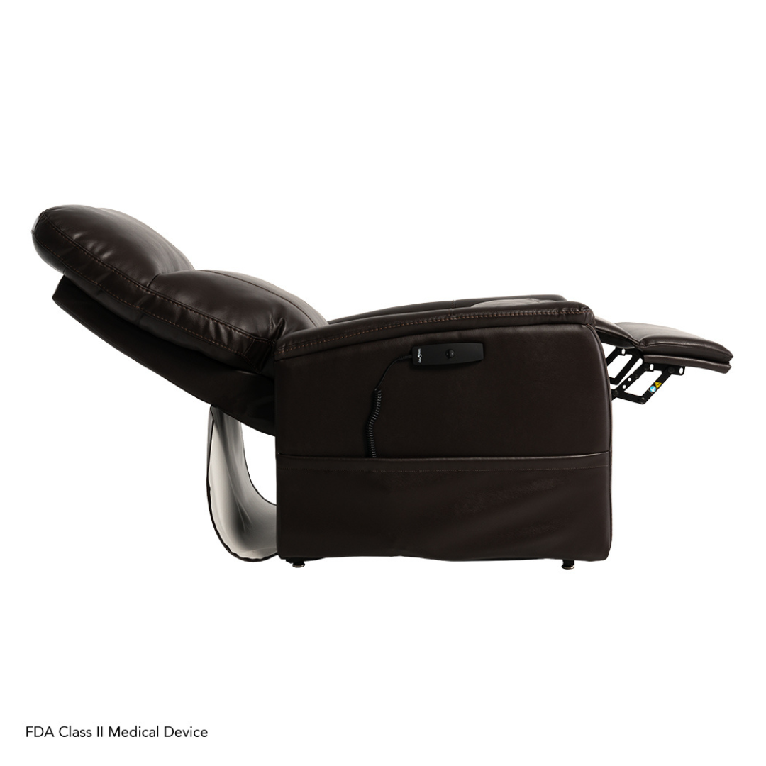The Pride Mobility Genesis LC150 Lift Chair Recliner is shown fully reclined with an extended footrest and wired remote attached. The backrest is tilted back. FDA Class II Medical Device—see spec table for product specifications.