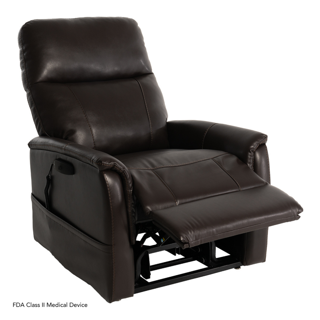 The Pride Mobility Genesis LC150 Lift Chair Recliner is a dark brown leather chair with padded armrests and backrest, shown partially reclined on a white background. FDA Class II Medical Device—see product specifications for details.