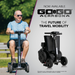 A smiling person in sunglasses rides a Pride Mobility GoGo Carbon Ultralite Mobility Scooter, showing off its carbon fiber frame on a sunny day. Text: Now Available: GoGo Carbon - The Future of Travel. An image shows the lightweight scooter, just 35 lbs, both open and folded.