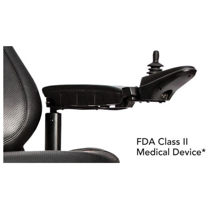 Close-up of the black ergonomic armrest and joystick control on the Pride Mobility Jazzy Air® 2 Powerchair with Seat Elevation, showcasing its sleek design. FDA Class II Medical Device* appears on the right against a white background, underscoring its commitment to mobility and innovation.