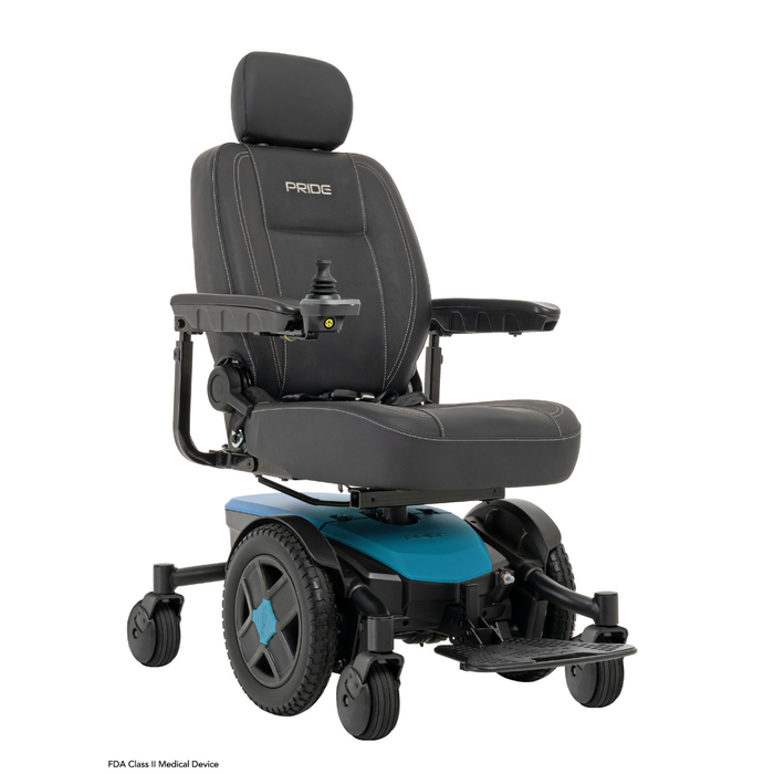 The Pride Mobility Jazzy® EVO 613 Powerchair with ATX Suspension has a black cushioned seat, headrest, right-arm joystick control, and a blue base with Mid-Wheel 6® Technology for enhanced maneuverability.
