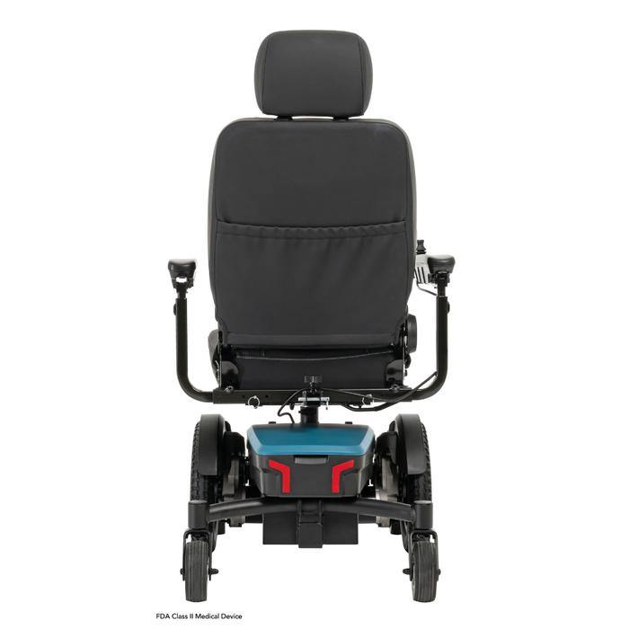 Rear view of a black Pride Mobility Jazzy® EVO 613 Powerchair with ATX Suspension, featuring padded seat, headrest, armrests, large rear wheels, Mid-Wheel 6® Technology, and blue and black base with red accents on a white background.