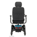 Rear view of a black Pride Mobility Jazzy® EVO 613 Powerchair with ATX Suspension, featuring padded seat, headrest, armrests, large rear wheels, Mid-Wheel 6® Technology, and blue and black base with red accents on a white background.