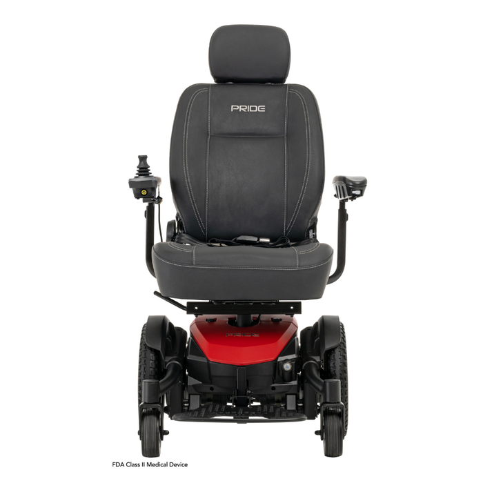 The Pride Mobility Jazzy® EVO 613 Powerchair with ATX Suspension has a black and red design, padded seat, armrests, headrest, right-side controller, Mid-Wheel 6® Technology, and PRIDE embroidered on the seat back. Viewed from the front.