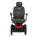 The Pride Mobility Jazzy® EVO 613 Powerchair with ATX Suspension has a black and red design, padded seat, armrests, headrest, right-side controller, Mid-Wheel 6® Technology, and PRIDE embroidered on the seat back. Viewed from the front.